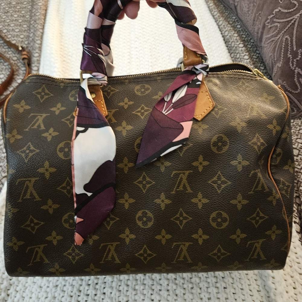 Louis Vuitton Brown Monogram Satchel with Pink Scarf Accent - Picture 3 of 11